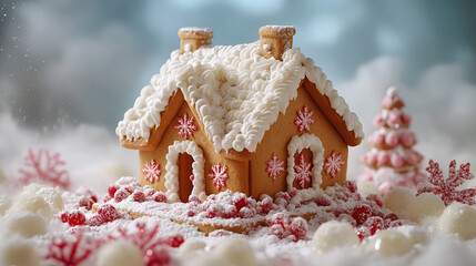 A charming gingerbread house nestled in a snowy winter wonderland, adorned with delicate frosting and red candies, creating a festive holiday scene with soft light and a blurred background.