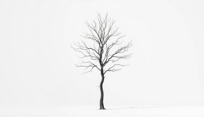 Obraz premium A solitary tree, stark branches against a pure white backdrop, elegant, simple