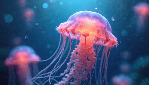 Glowing jellyfish swims ocean depths. Underwater animal abstract design. Medusa with long tentacles floats blue water. Life, nature, aquatic creatures, deep sea concept. AI generated art. - Powered by Adobe