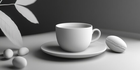 A monochromatic still life featuring a cup of coffee, macarons, and decorative leaves on a table