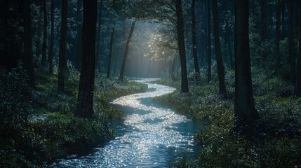 Obraz premium Enchanted Forest Stream: A Mystical River Winding Through Lush Greenery