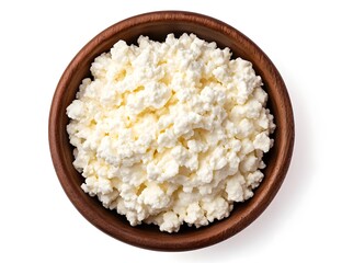Creamy cottage cheese served in a rustic wooden bowl on a plain surface in a bright kitchen setting