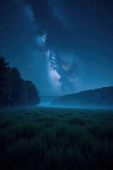 Fototapeta premium Dark landscape of a meadow under starry skies at night with mist, landscape, galaxy, night sky