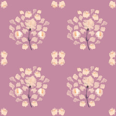 Fototapeta premium Floral spring wedding pattern. White lush flowers on powder pink lilac wallpaper background. Folk botanical composition. Beautiful delicate floral botany