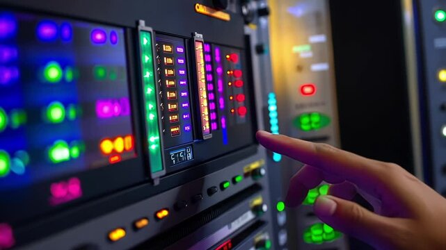 A detailed closeup of a DNA sequencers control panel with colorful displays and clearly labeled buttons. The vibrant LED lights indicate different operating statuses while a hand is