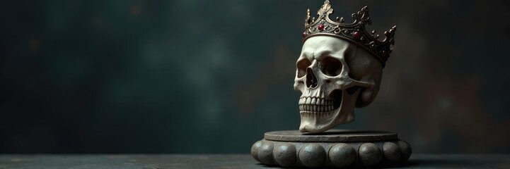 Dark regal grim skull with ornate crown atop worn stone pedestal, darkness, gothic, relic