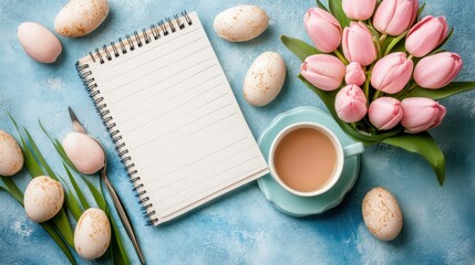 Overhead shot of tulips, speckled eggs, notebook, and a cup of tea on a blue textured surface