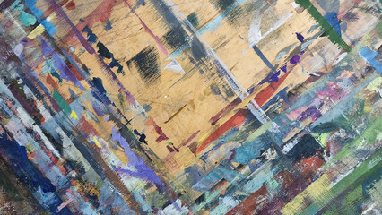 Fototapeta premium Abstract painting on craft wood paper with brushstrokes of different colors. Illustration for background