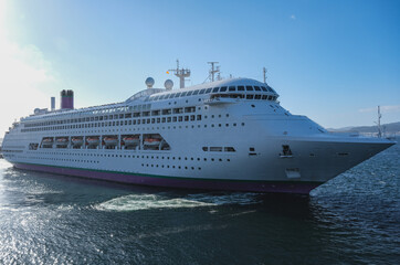 Classic cruiseship cruise ship liner Ambience sail away departure from Vigo port, Spain in Galicia...