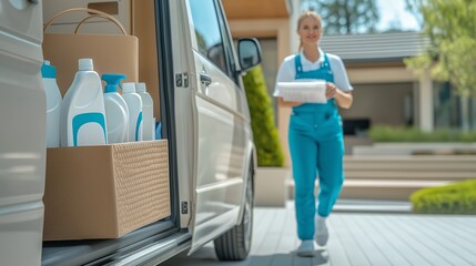 A professional cleaning service worker in a blue uniform unloads a box of cleaning supplies from a service van in a neat, modern residential area. The image represents home maintenance and sanitation 