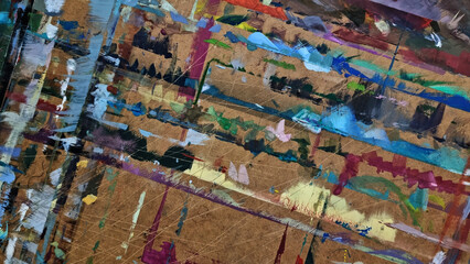 Abstract painting on craft wood paper with brushstrokes of different colors. Illustration for background