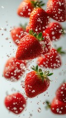 Ripe, juicy strawberries in mid-air against a light background. A vibrant summer-themed still life perfect for food advertising, design, and healthy lifestyle concepts