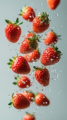 Ripe, juicy strawberries in mid-air against a light background. A vibrant summer-themed still life perfect for food advertising, design, and healthy lifestyle concepts