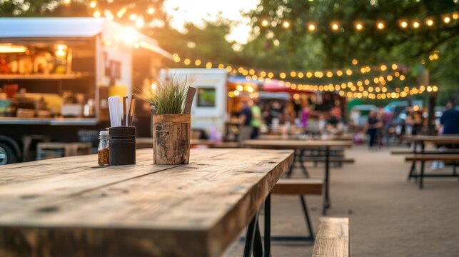 an outdoor food market with food trucks and wooden tables.