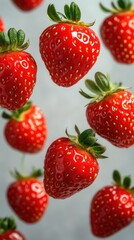 Ripe, juicy strawberries in mid-air against a light background. A vibrant summer-themed still life perfect for food advertising, design, and healthy lifestyle concepts