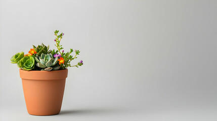 Fototapeta premium Potted Succulents With Colorful Flowers On Gray Background