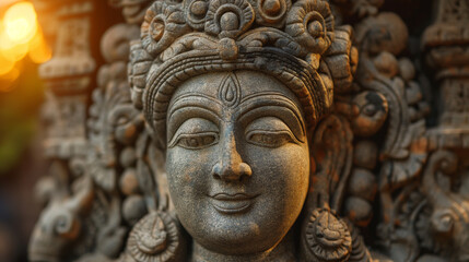 Ancient religious figure carved in stone with intricate details and warm lighting
