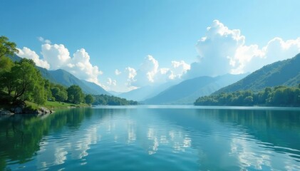 Obraz premium Fluffy white clouds gather above a tranquil lake, natural, soft