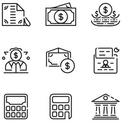 Loan of web icons in style. Loan and Credit linear icon collection. Containing loan, money, credit rating, business, leasing, interest, calculator, income, banking and more.