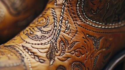 A close-up of detailed cowboy boot stitching, intricate design.