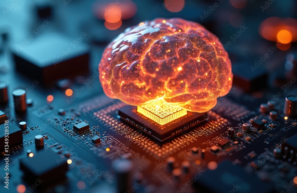 Poster Glowing brain on computer motherboard with central microchip. Symbolizes artificial intelligence, advanced computing. AI tech concept, innovation in digital, modern computer electronic hardware.