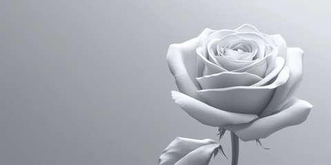 A monochrome close up of a single white rose blossom against a soft gray gradient background