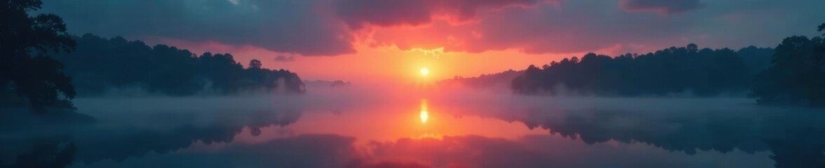Fototapeta premium Foggy mist rises over the river as an eerie sunrise peeks through dark clouds, peaceful, ominous, serene