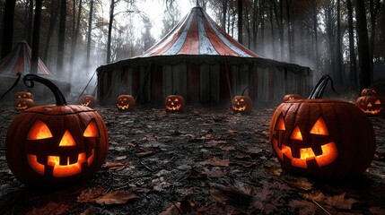 Spooky Halloween circus tent in foggy forest