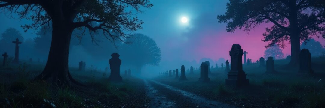 Fog rolls through the graveyard eerie twilight, graveyard, night, mood