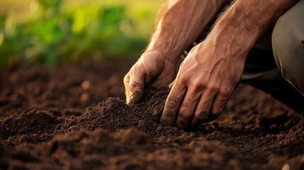 Close-up of hands planting seeds in fertile soil during sunset with green plants in background