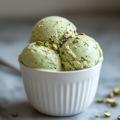 Delicious pistachio ice cream in a paper cup, topped with crushed nuts. A refreshing dessert with creamy texture and natural green color on a marble surface.