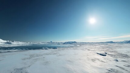 a frozen arctic landscape with a bright sun shining in the sky.