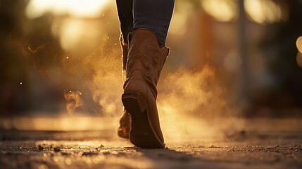 A cowgirl's boots kicking up dust, walking confidently across town.
