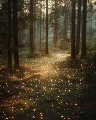 Obraz premium Magical forest path, glowing lights, sunlit trees, enchanting nature scene, fantasy backdrop