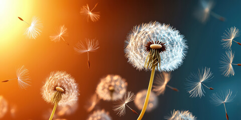 Dandelions bloom in spring, their delicate seeds dancing in warm breeze, creating magical atmosphere of renewal and beauty