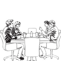 Continuous one black line art drawing business team meeting vector illustration.