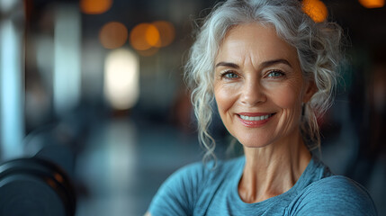 A radiant mature woman with silver curls exudes confidence and serenity, captured in soft, warm lighting against a blurred background.