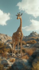 Obraz premium Giraffe standing majestically in a rocky landscape under a bright blue sky with scattered clouds