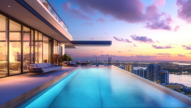 Luxurious rooftop pool overlooking cityscape