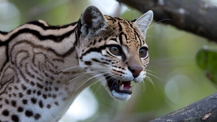 Obraz premium Ocelot close-up with distinctive spotted coat, vocalizing with sharp teeth visible