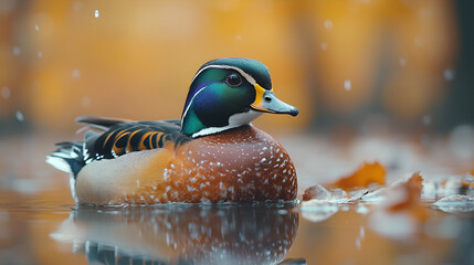A majestic wood duck serenely floats amidst autumn leaves in a tranquil pond, showcasing its vibrant plumage in soft, natural light.