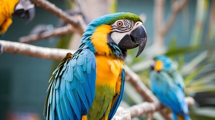 Obraz premium Blue-and-yellow macaw close-up with vibrant plumage, showcasing its striking coloration