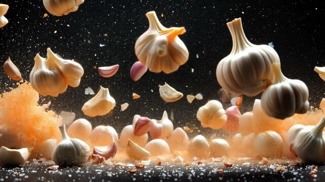 Garlic Explosion: A dynamic and artistic view of garlic bulbs and cloves in mid-air, capturing a unique display of texture and form.