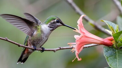 Fototapeta premium Hummingbird captured mid-flight feeding on a pink flower