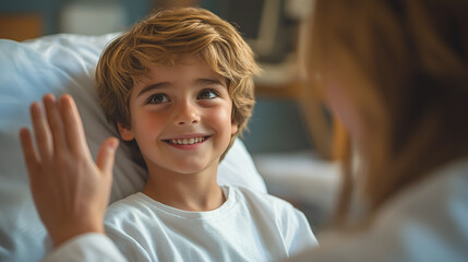 A cheerful young boy in a hospital bed gives a high-five, sharing a heartwarming moment of connection and hope with his caregiver, bathed in soft, gentle light.