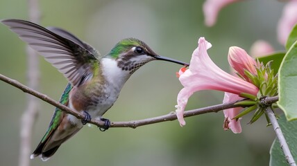 Fototapeta premium Hummingbird feeding on pink flower