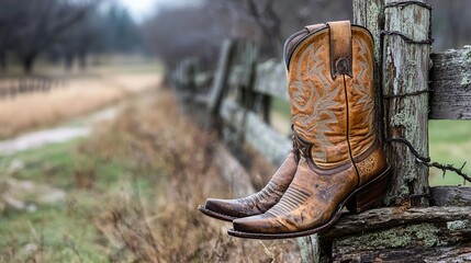A worn leather cowboy boot, resting on an old wooden fence.