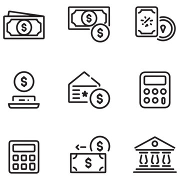 Loan of web icons in style. Loan and Credit linear icon collection. Containing loan, money, credit rating, business, leasing, interest, calculator, income, banking and more.