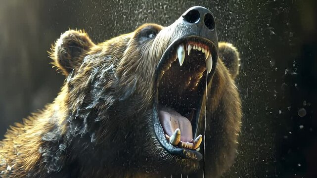 Grizzly bear with its mouth open. Young girl drawing a growl on a dark background. A glare of light from an animal glares at the camera. A grizzly bear displaying its open mouth lifestyle.
