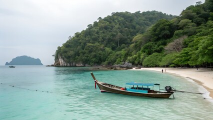 Fototapeta premium Quiet Thailand island shoreline with a travel boat and turquoise waters. no tourists in sight